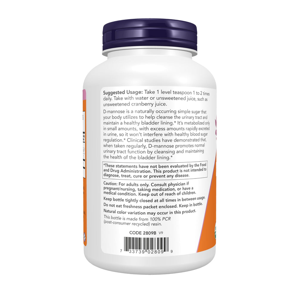 NOW Foods D-Mannose Powder being poured into a glass for convenient urinary tract support.