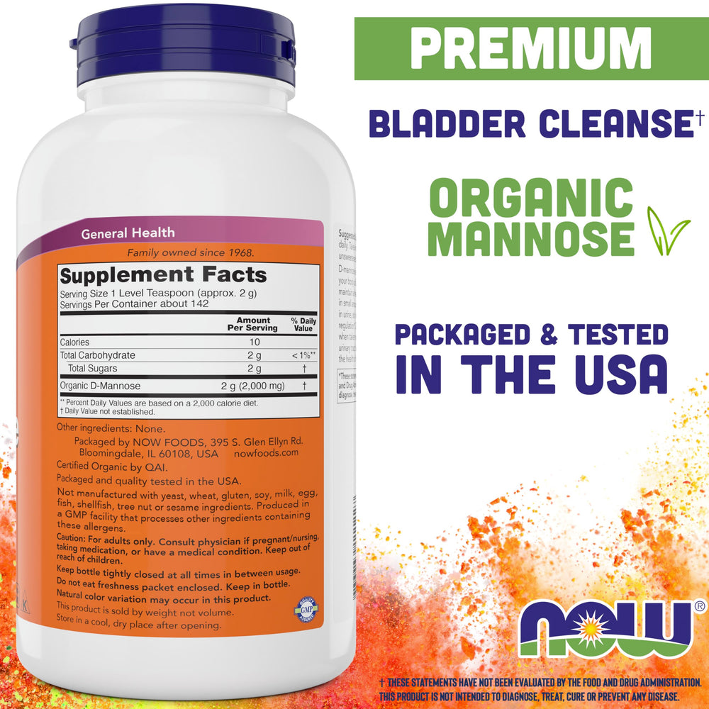 NOW Foods D-Mannose powder scoop beside jar for accurate serving