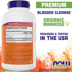 NOW Foods D-Mannose powder scoop beside jar for accurate serving
