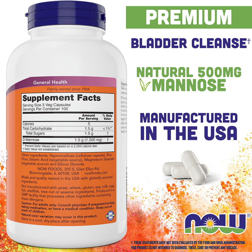 NOW Foods D-Mannose vegetarian capsules for easy daily use.