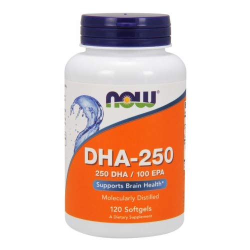 NOW Foods DHA-250 open bottle with softgels ready to use
