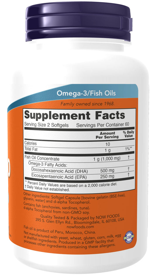 NOW Foods DHA-250 serving size 2 softgels shown on the label
