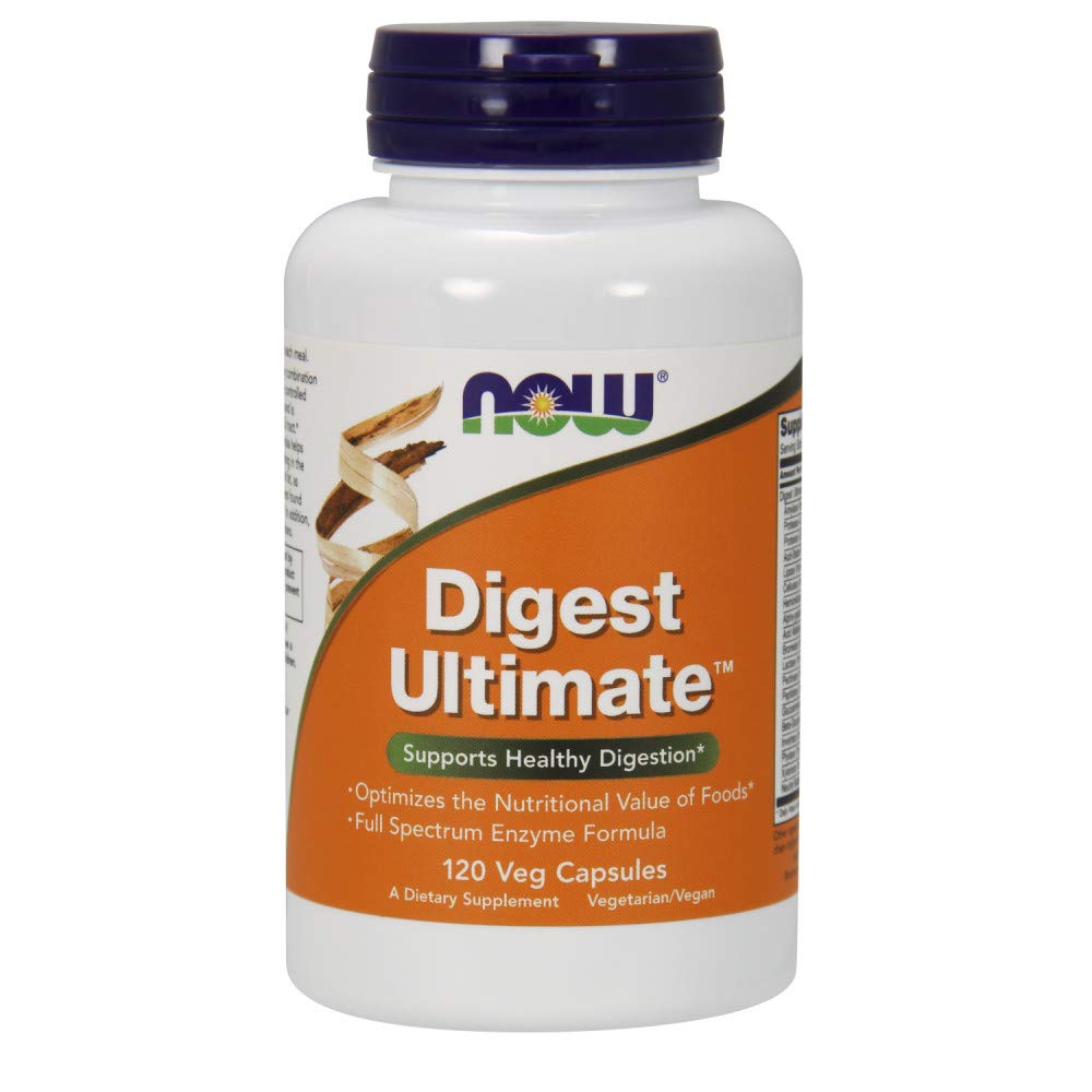 NOW Foods Digest Ultimate bottle front highlighting full-spectrum enzyme formula for daily digestive support.
