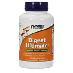 NOW Foods Digest Ultimate bottle front highlighting full-spectrum enzyme formula for daily digestive support.