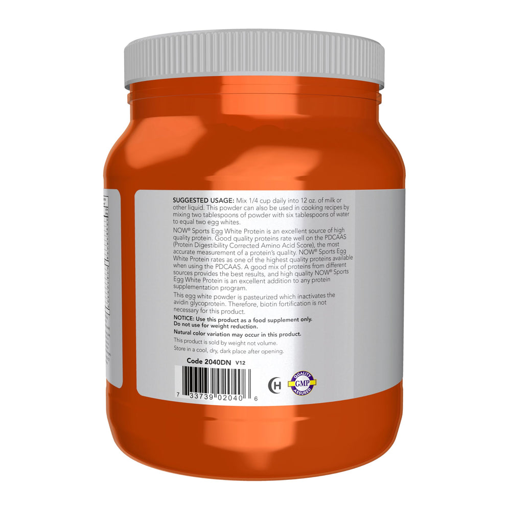 NOW Foods Egg White Protein with BCAAs information on packaging for athletes