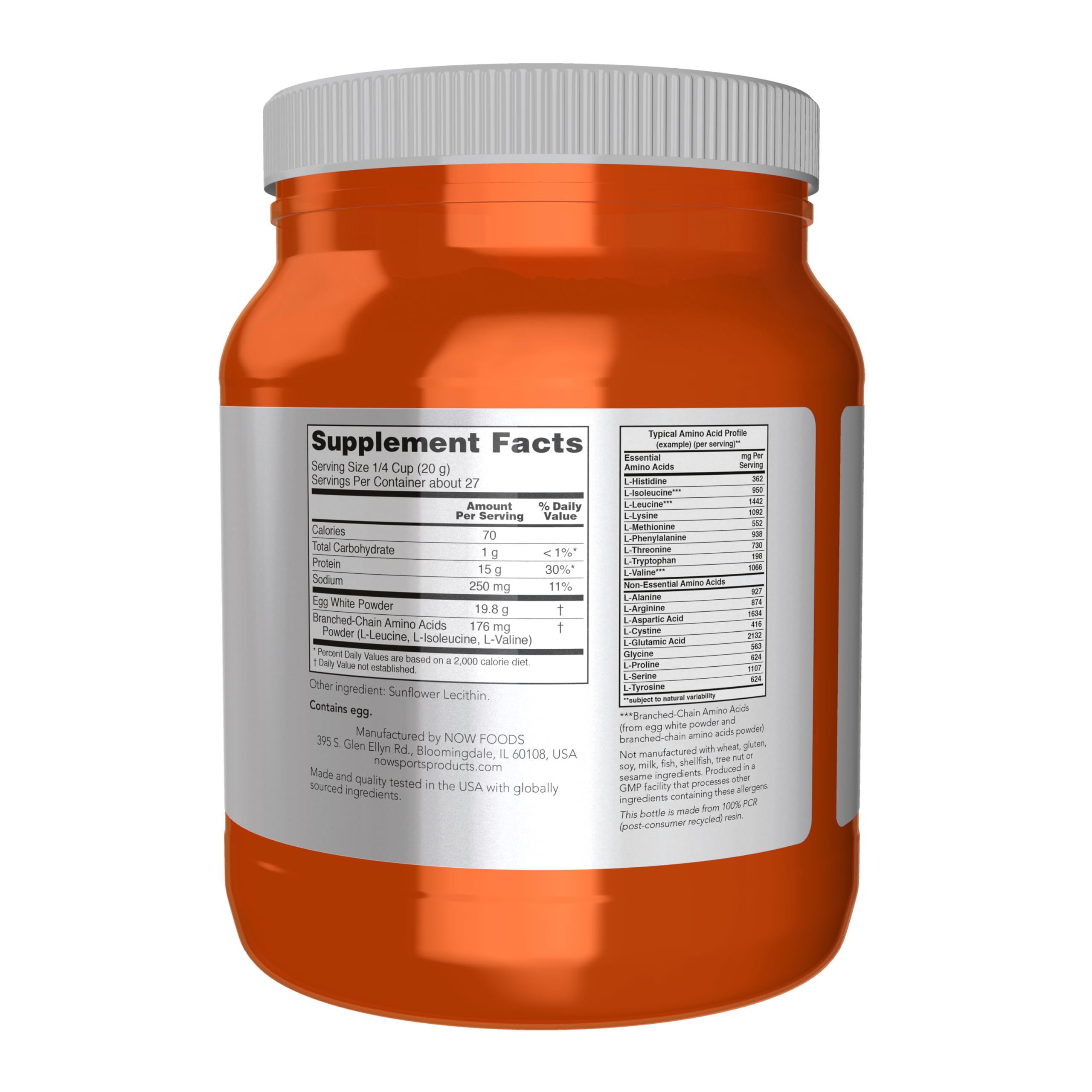 NOW Foods Egg White Protein label close-up highlighting unflavored formula