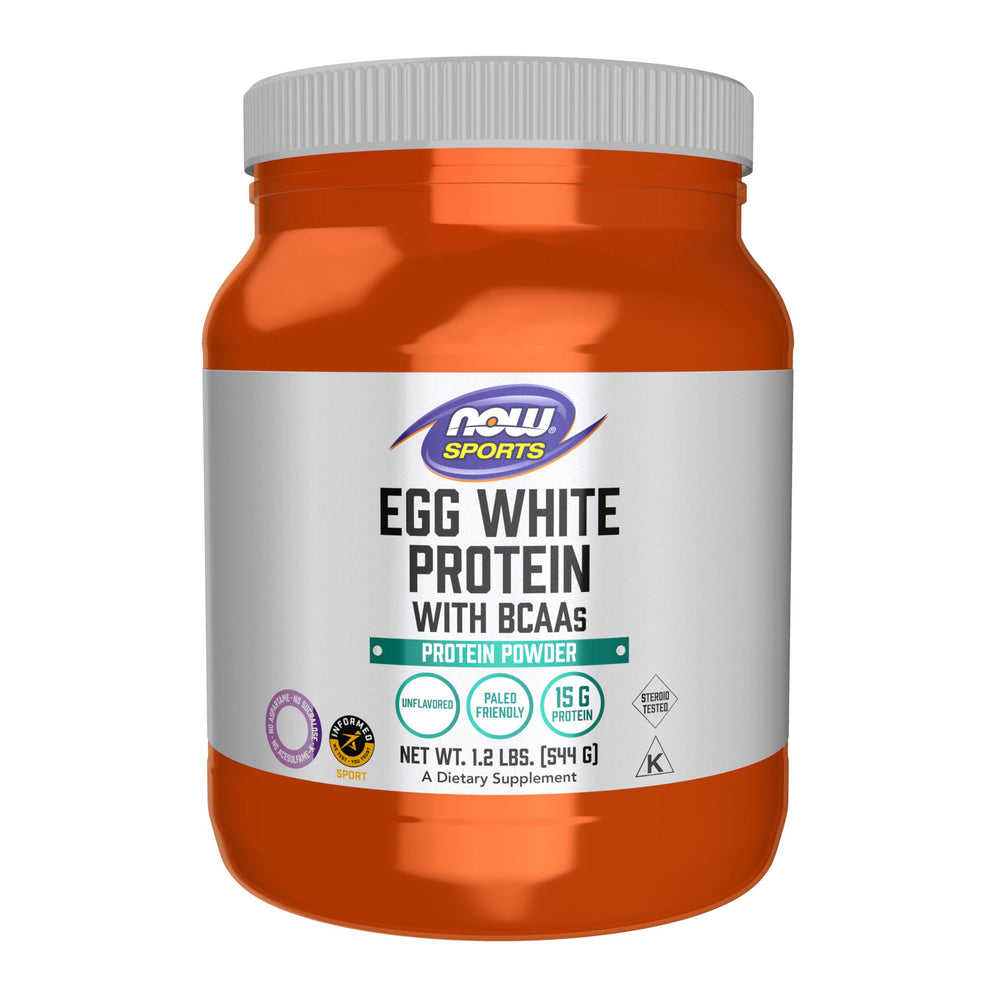 NOW Foods Egg White Protein powder jar shows 16 g protein per serving for shakes