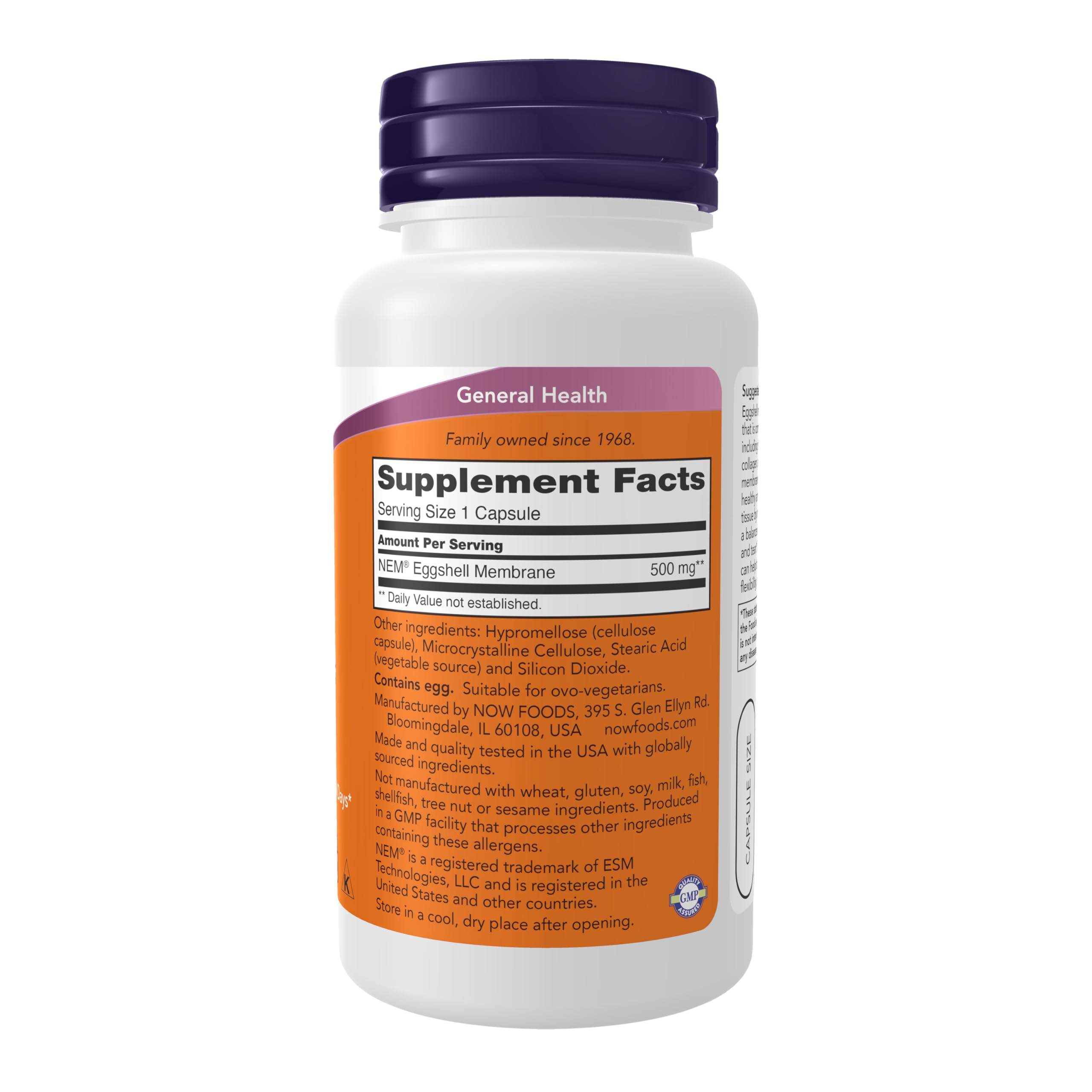 NOW Foods Eggshell Membrane bottle label emphasizing natural joint support