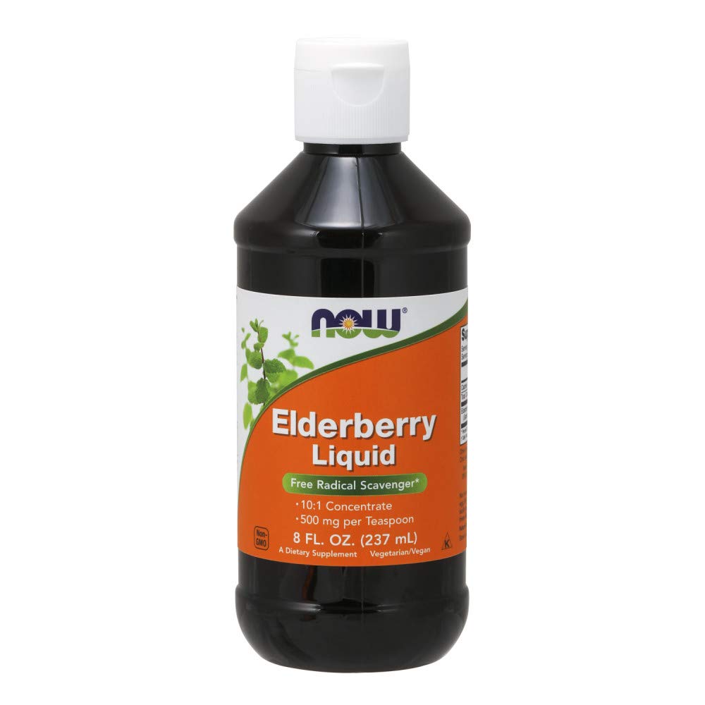 NOW Foods Elderberry Liquid bottle showing 500 mg per teaspoon dosage.