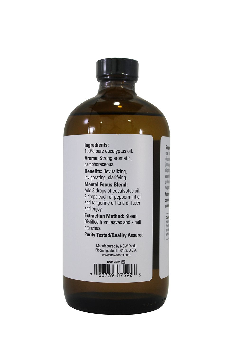 NOW Foods eucalyptus oil bottle side view for versatile home uses like cleaning
