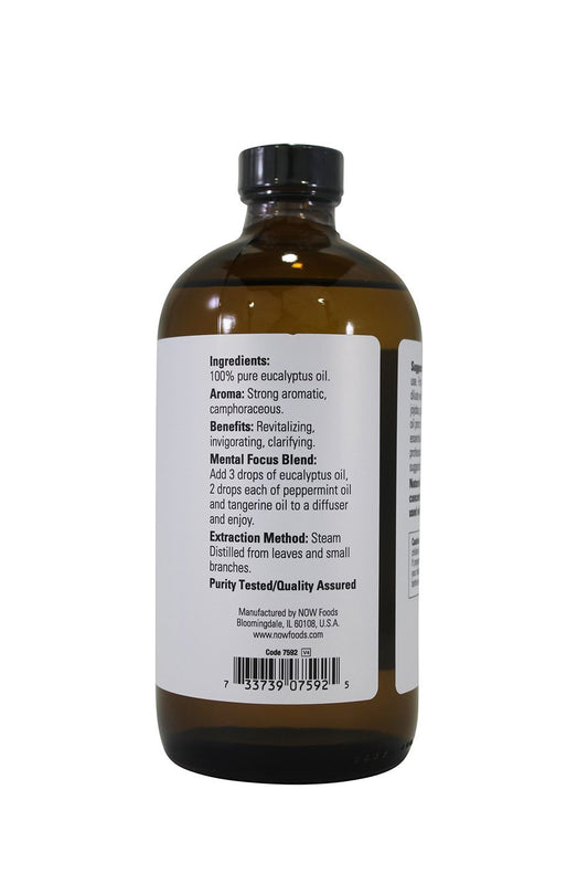 NOW Foods eucalyptus oil bottle side view for versatile home uses like cleaning