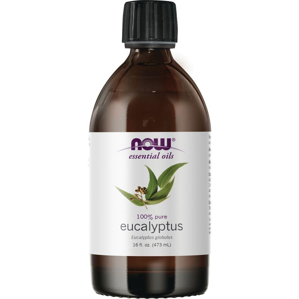 NOW Foods eucalyptus essential oil bottle for aromatic diffusion and room refreshment.