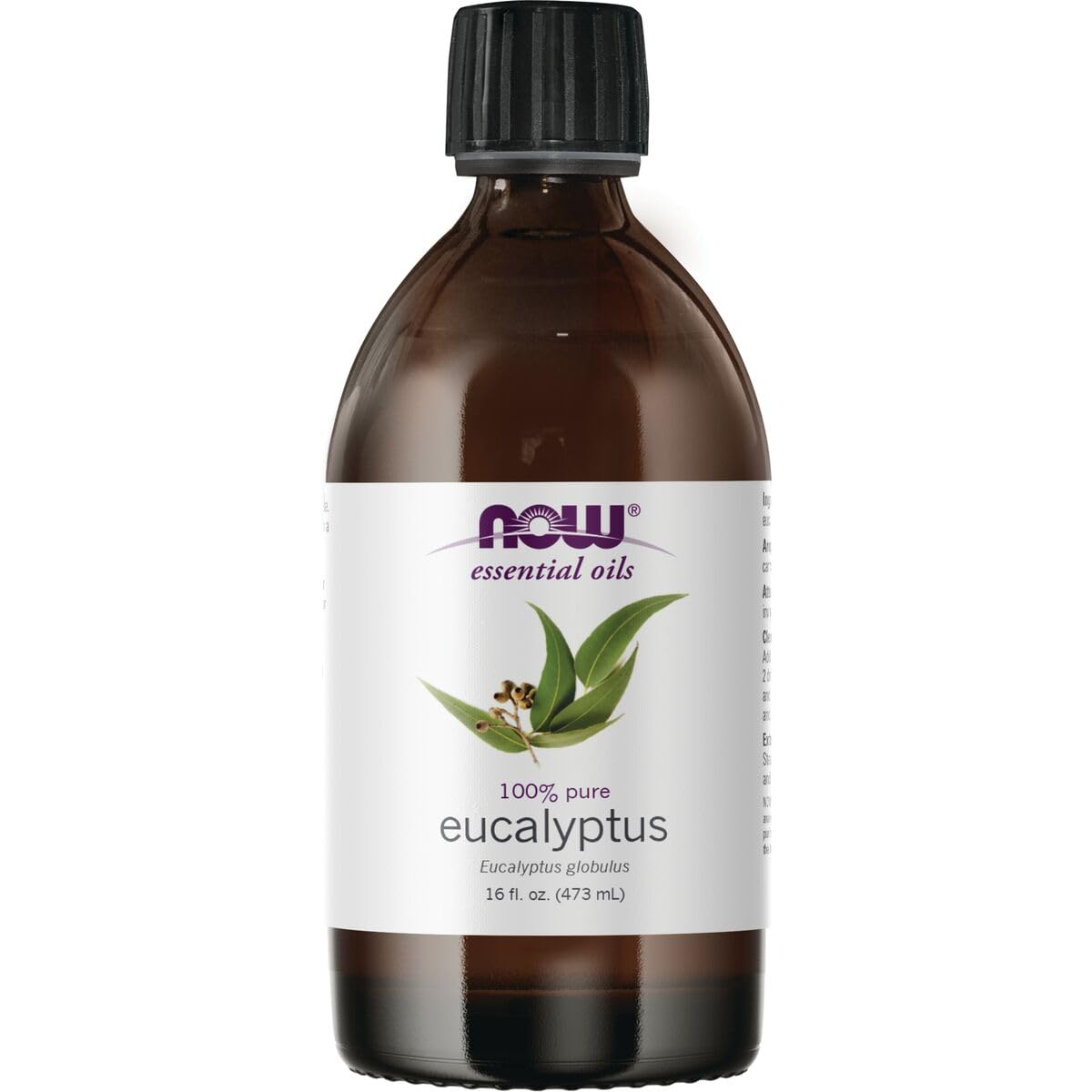NOW Foods eucalyptus essential oil bottle for aromatic diffusion and room refreshment.