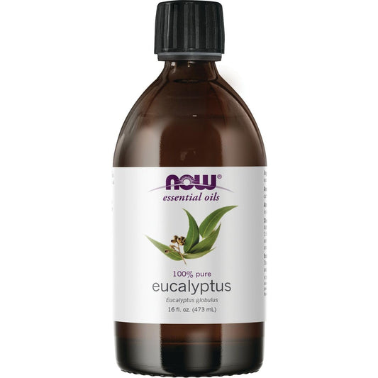 NOW Foods eucalyptus essential oil bottle for aromatic diffusion and room refreshment.