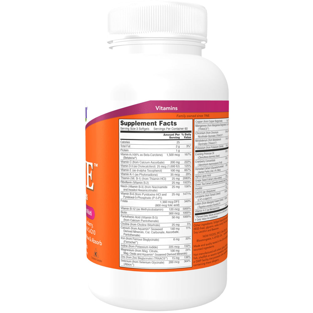 NOW Foods Eve Superior Women's Multi softgels close-up showing smooth texture and capsules.