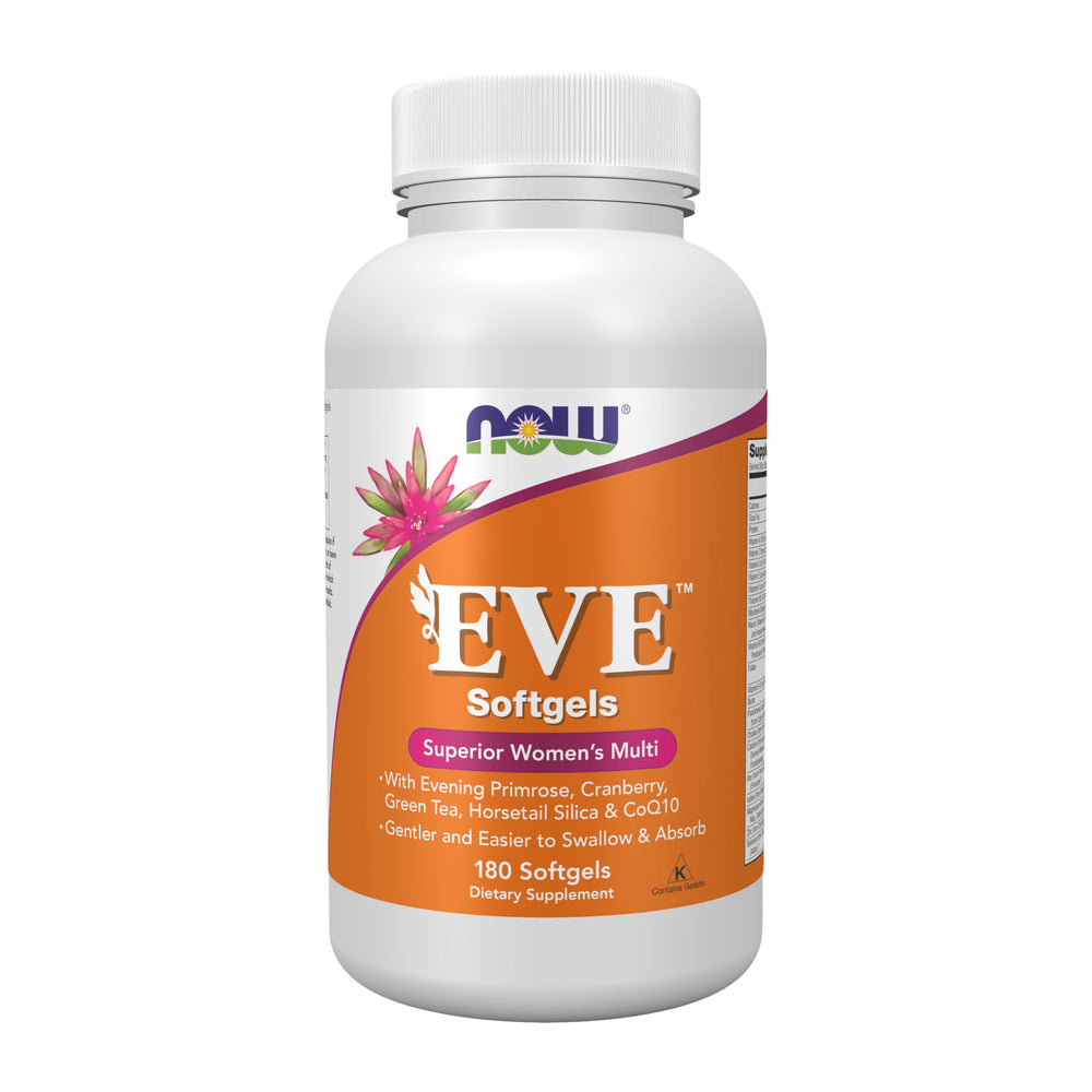 NOW Foods Eve multivitamin bottle highlights primrose for daily support for pre-menopausal women