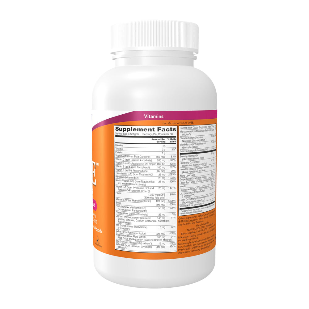 NOW Foods Eve softgels closeup emphasizing easy swallowing and GI-friendly formula