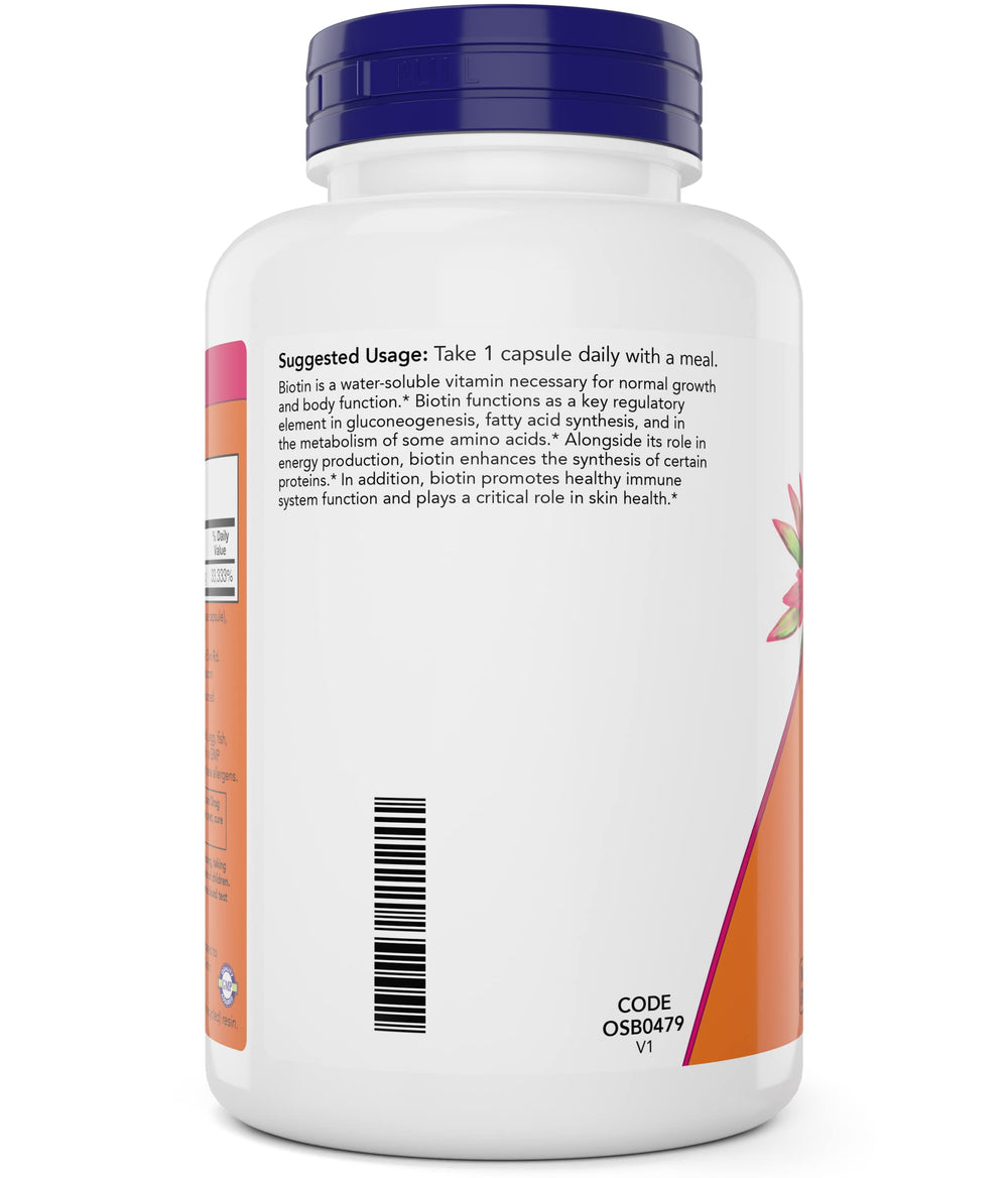 Close-up of NOW Foods Biotin 10 mg capsule for hair health