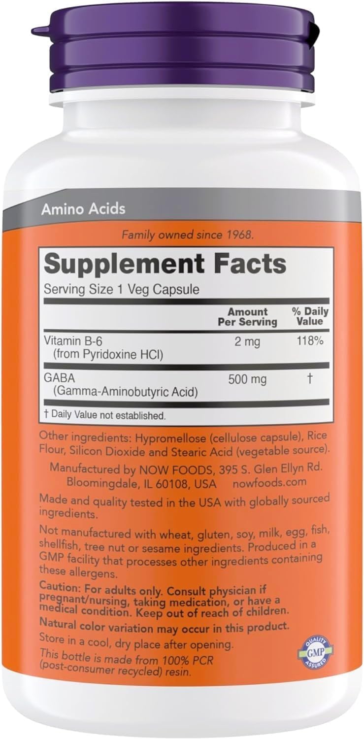 NOW Foods GABA 500 mg capsules label highlights vegan and kosher status.