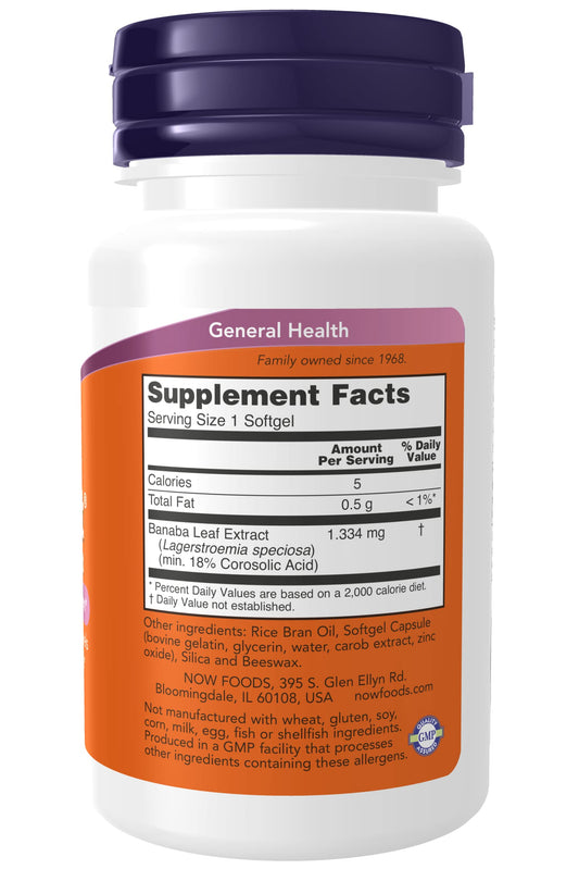 NOW Foods GlucoFit Banaba extract label close-up showing 18% corosolic acid