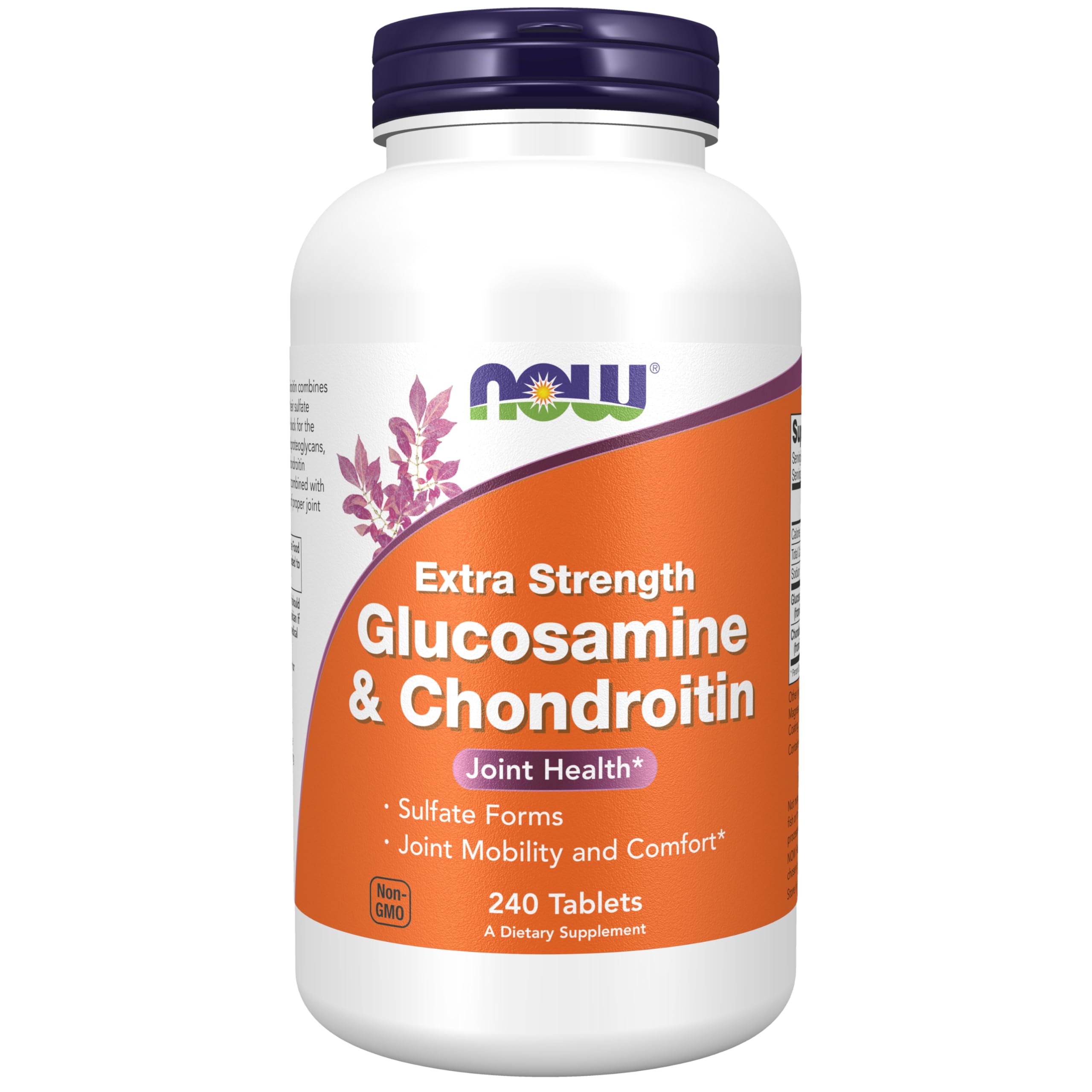 NOW Foods Glucosamine-Chondroitin extra-strength tablets on bottle for joint mobility.