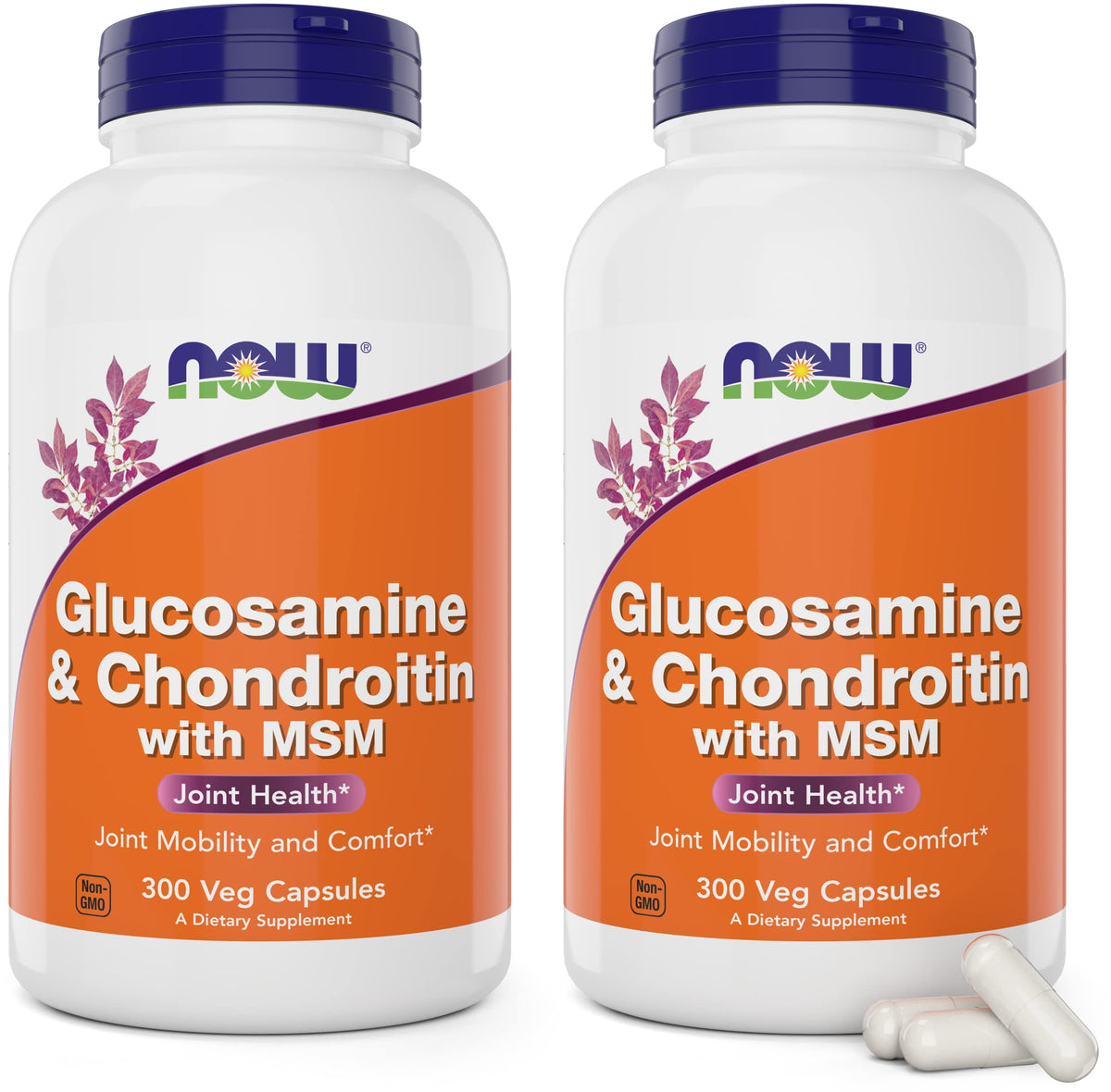 NOW Foods glucosamine-chondroitin-msm bottle closed showing two-pack packaging for daily joint support.