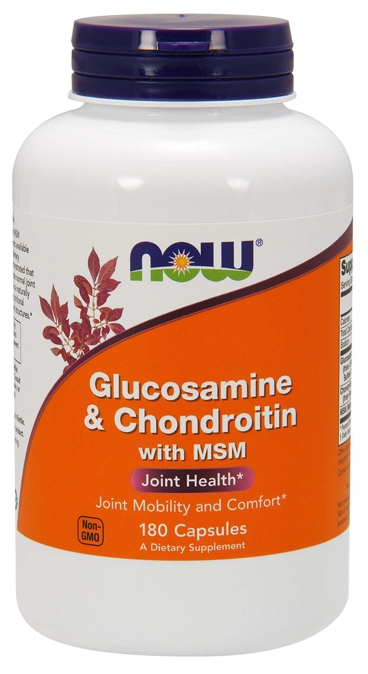 NOW Foods Glucosamine & Chondroitin with MSM bottle displays vegetarian capsules for daily joint support