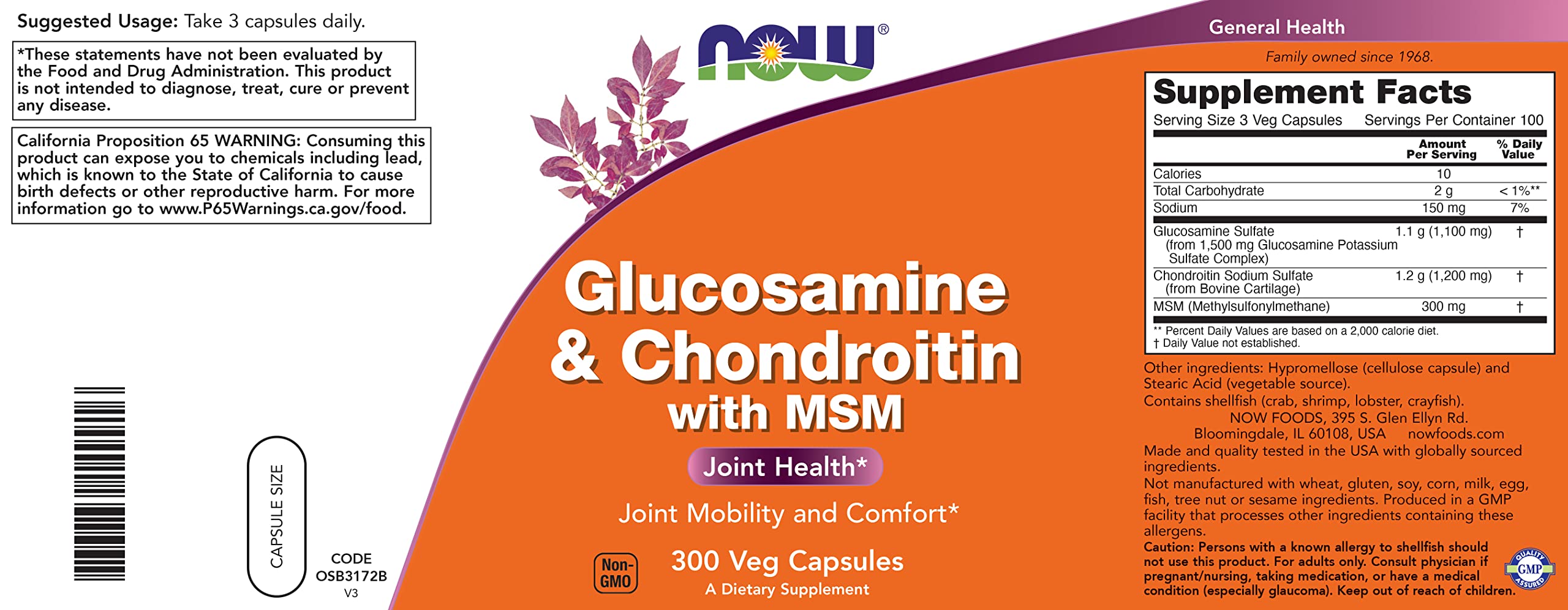 NOW Foods glucosamine-chondroitin-msm label highlights amounts and ingredients for informed use.