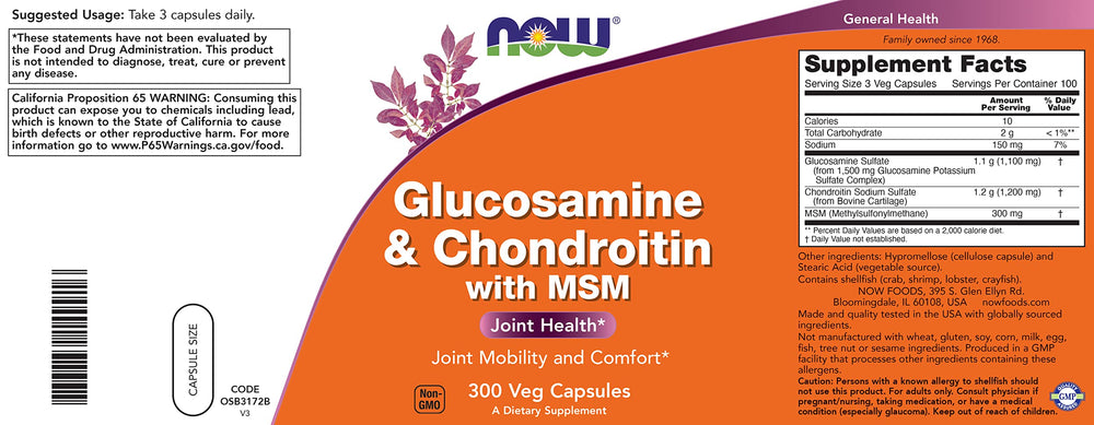 NOW Foods glucosamine-chondroitin-msm label highlights amounts and ingredients for informed use.