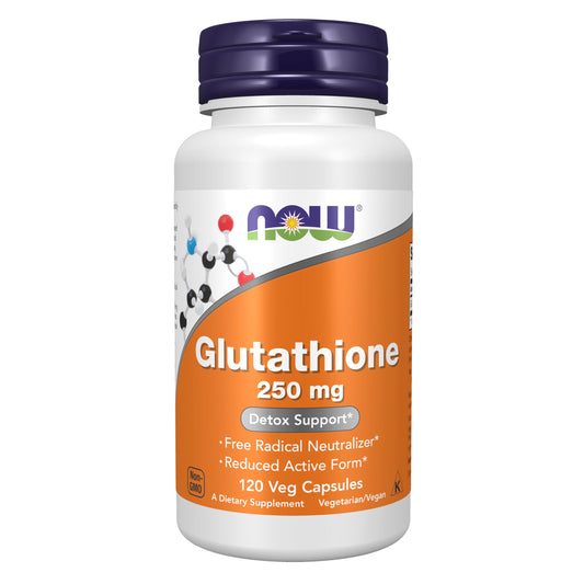 NOW Foods Glutathione 250mg bottle with clear label highlighting antioxidant support