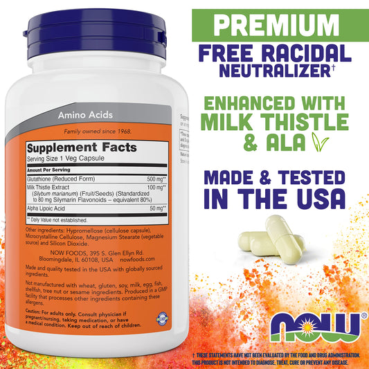 NOW Foods Glutathione 500 mg bottle back shows ingredients including milk thistle and alpha-lipoic acid.