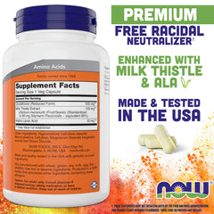 NOW Foods Glutathione 500 mg bottle back shows ingredients including milk thistle and alpha-lipoic acid.