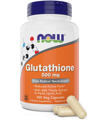 NOW Foods Glutathione 500 mg bottle front view showing label for antioxidant support.