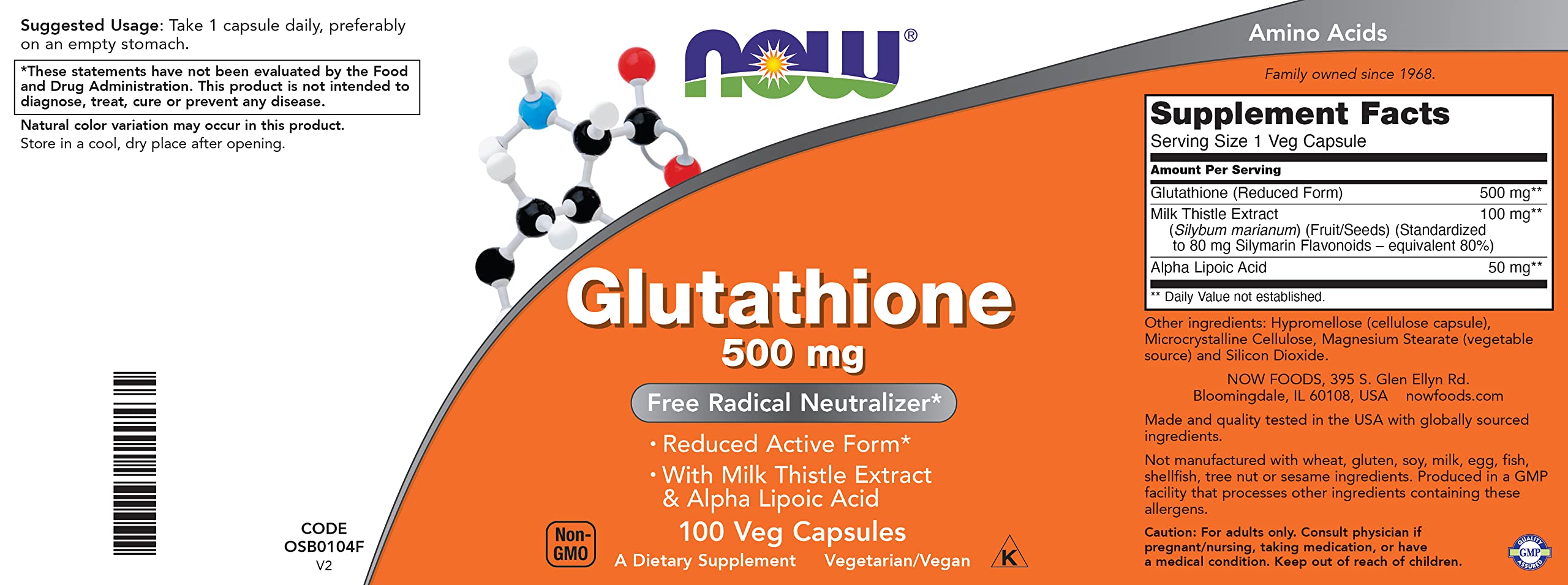 NOW Foods Glutathione 500 mg label ingredients emphasize standardized milk thistle extract.
