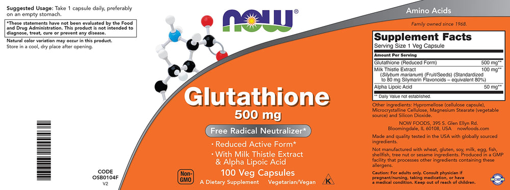 NOW Foods Glutathione 500 mg label ingredients emphasize standardized milk thistle extract.