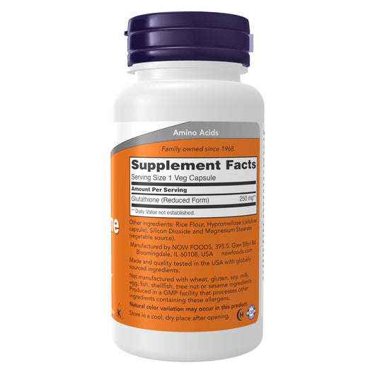 NOW Foods Glutathione capsules closeup showing reduced active form for bioavailability