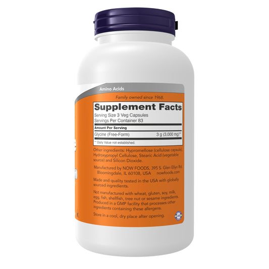 NOW Foods glycine 1000 mg capsules bottle closeup highlighting nervous system support.