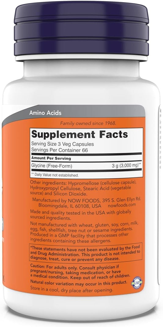 Close-up of NOW Foods glycine capsules highlighting vegan formula.