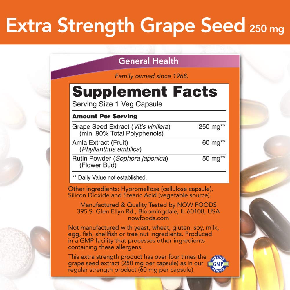 NOW Foods Grape Seed Extract capsules close-up highlighting concentrated polyphenols.