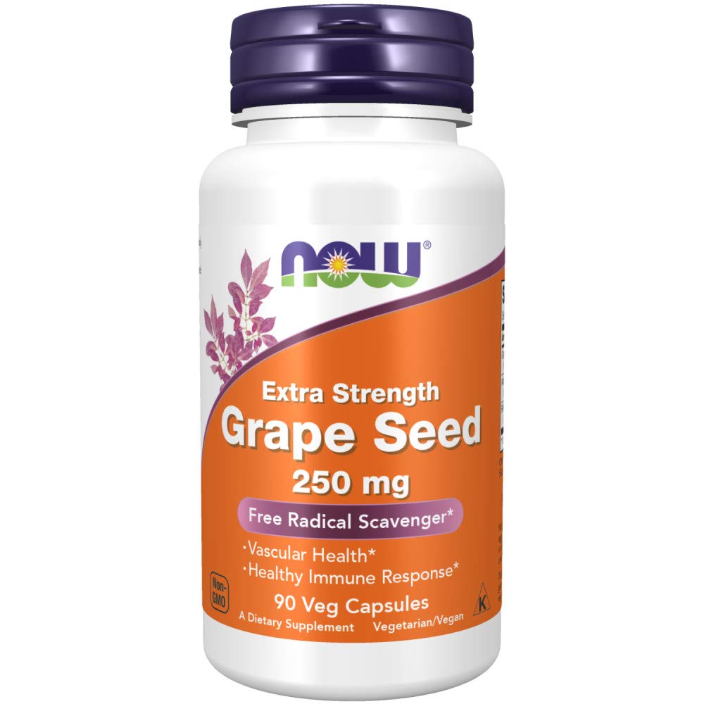 NOW Foods Grape Seed Extract label showing 90% polyphenols and GMP quality.