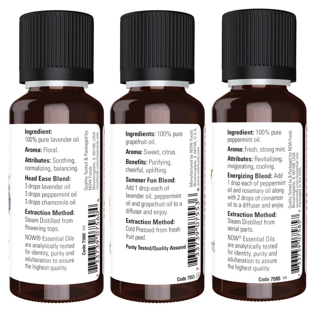 NOW Foods Grapefruit essential oil bottle highlighting bright citrus aroma for diffusion