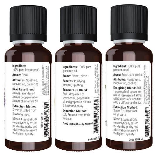 NOW Foods Grapefruit essential oil bottle highlighting bright citrus aroma for diffusion