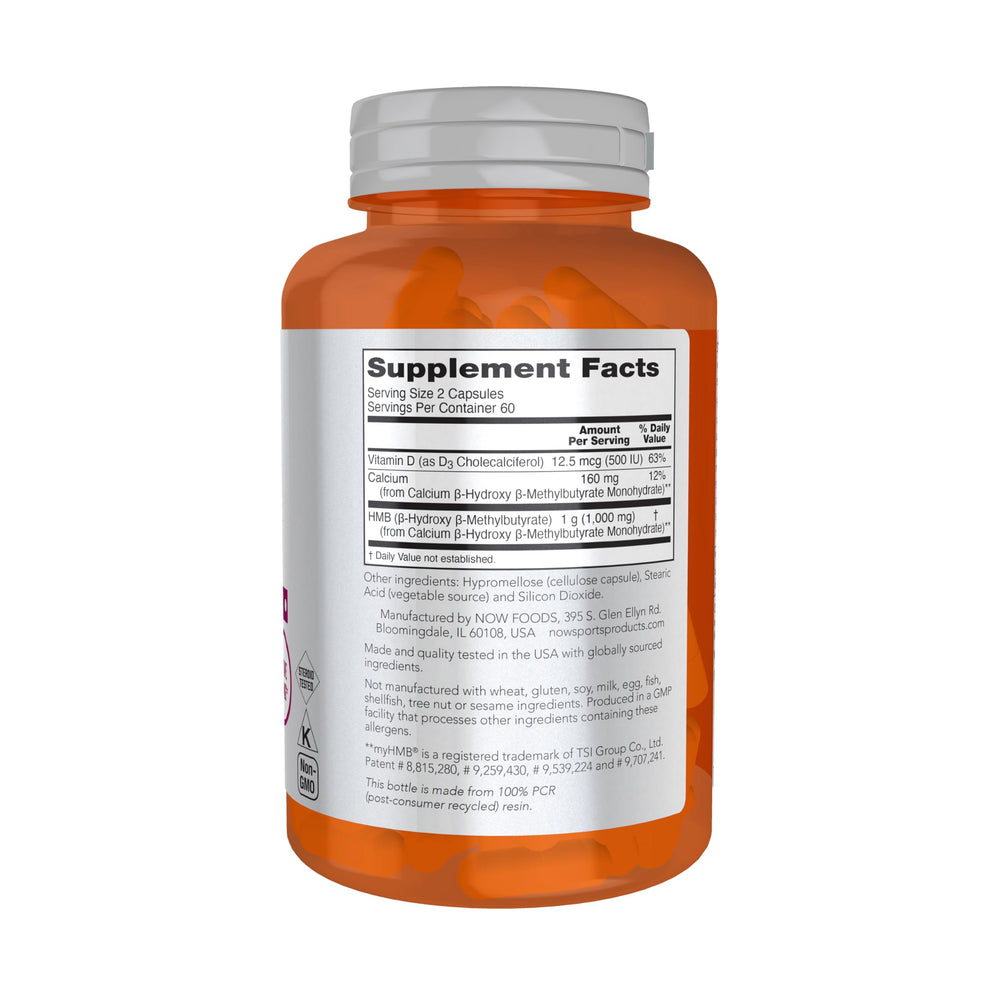NOW Foods HMB 500 mg bottle back label detailing ingredients