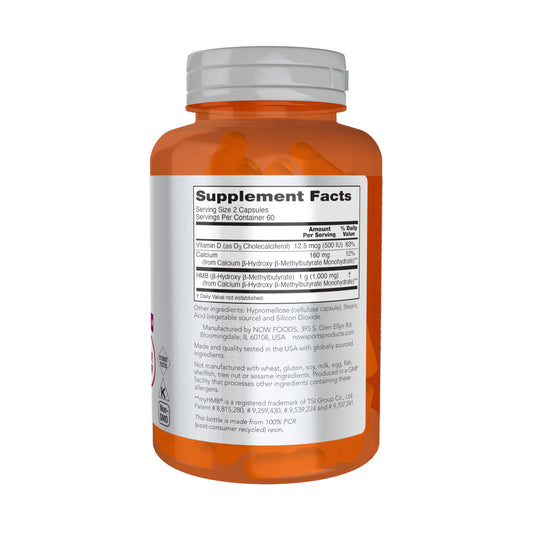 NOW Foods HMB 500 mg bottle back label detailing ingredients