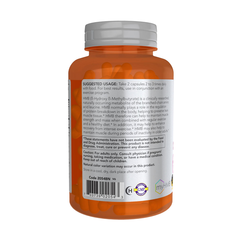NOW Foods HMB 500 mg capsules closeup shows vegan capsule form
