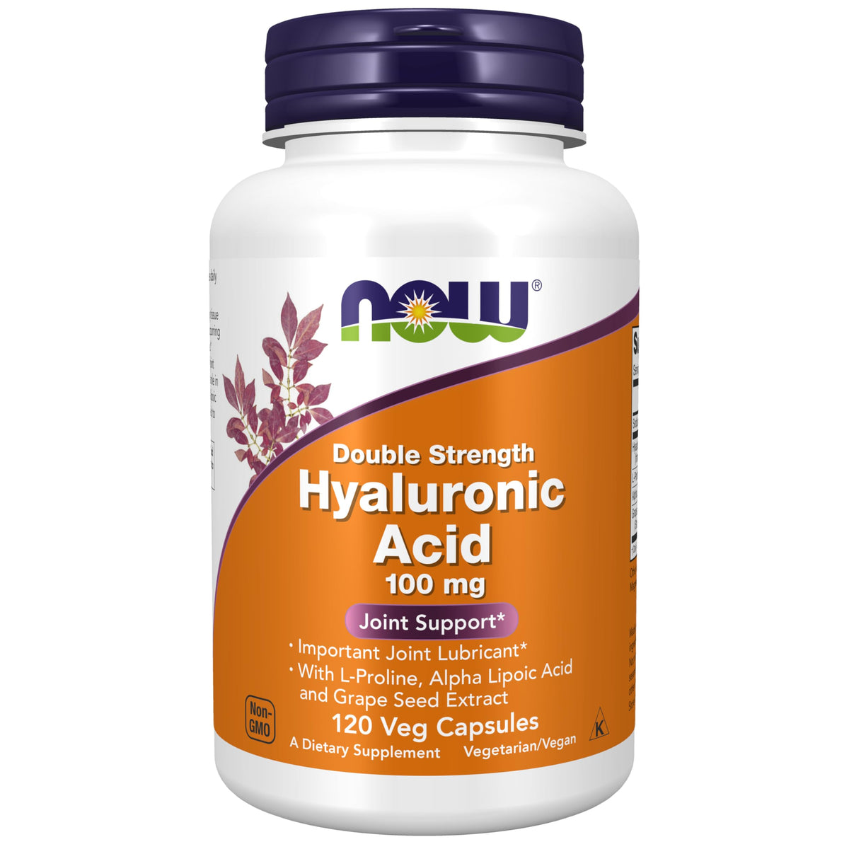NOW Foods Hyaluronic Acid bottle close-up for skin hydration and joint comfort.
