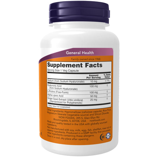 NOW Foods Hyaluronic Acid capsules pack vegan and gluten-free supplementation option.