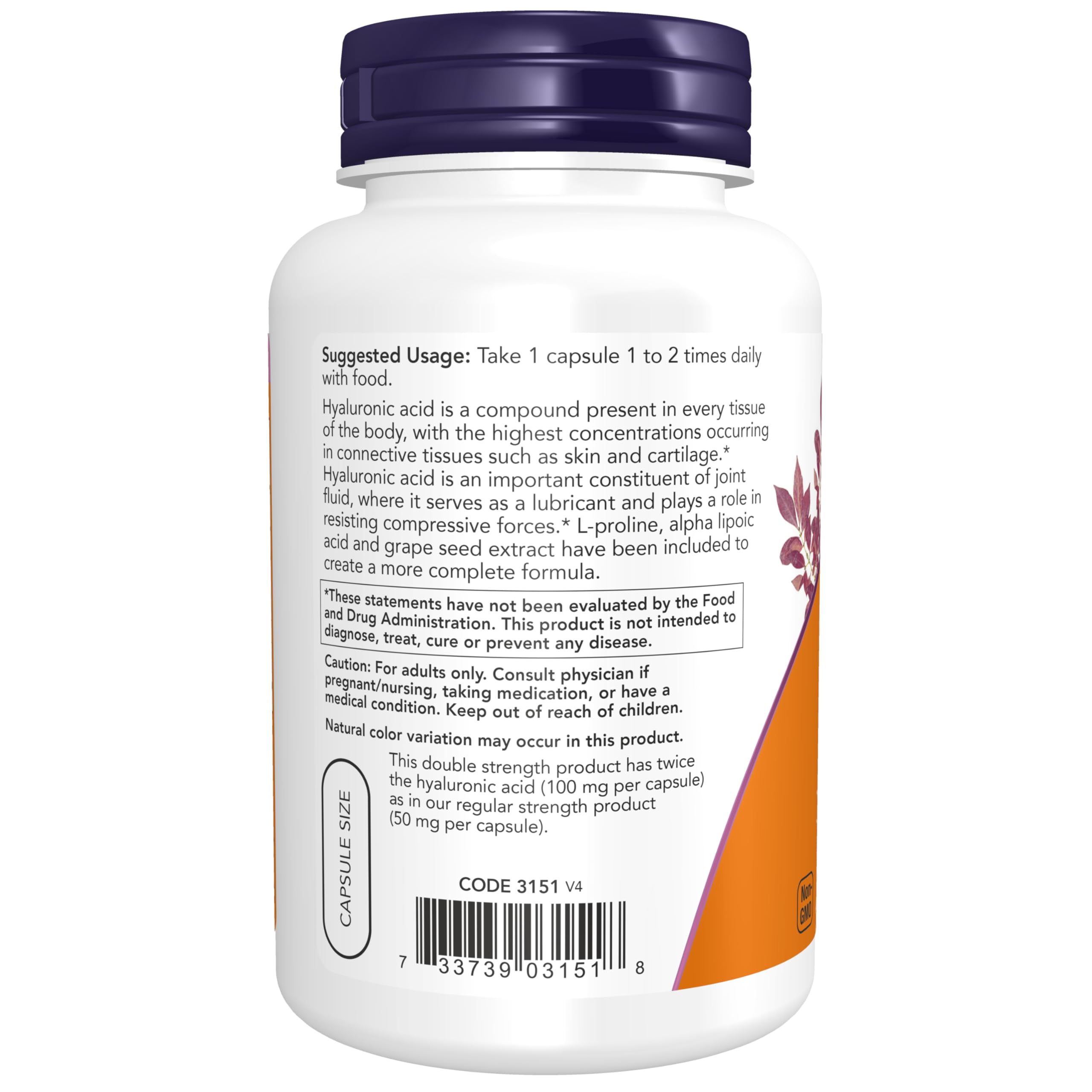 NOW Foods Hyaluronic Acid 100 mg per capsule label close-up.