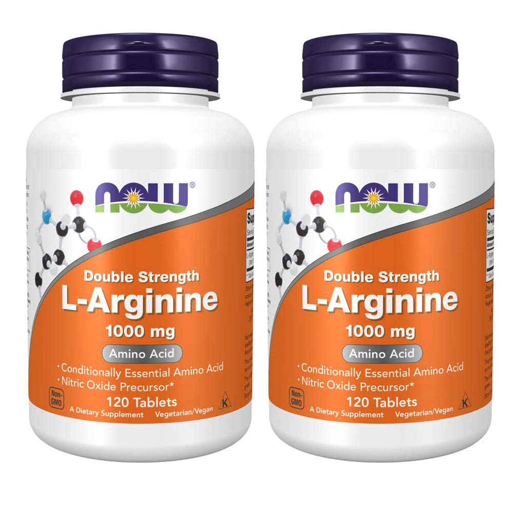 NOW Foods L-Arginine 1000 mg tablets in bottle showing easy daily dosage.