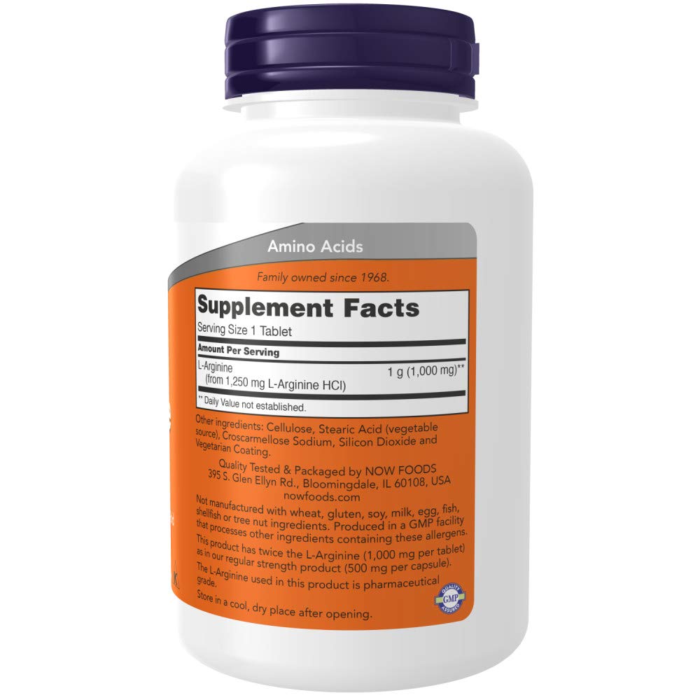 NOW Foods L-Arginine bottle packaging highlighting non-GMO and clean formula.